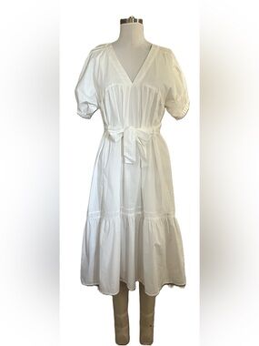 White Midi Tiered Cotton Dress with Waist Tie